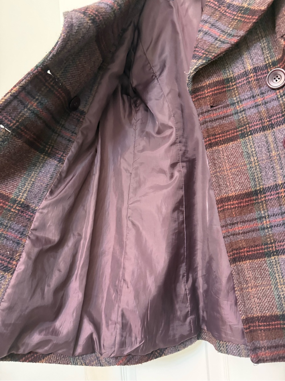 Moda International Wool Plaid Double-Breasted Peacoat in Plum/Brown - Picture 9 of 9